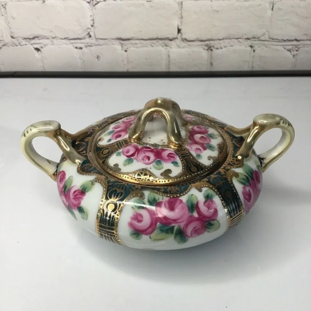VTG Nippon Hand Painted Embellished Floral Gold Lidded‎ Sugar Bowl